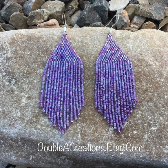 Purple Rainbow Lined Beaded Earrings with Fringe, New, Handmade By Me - Picture 2 of 7
